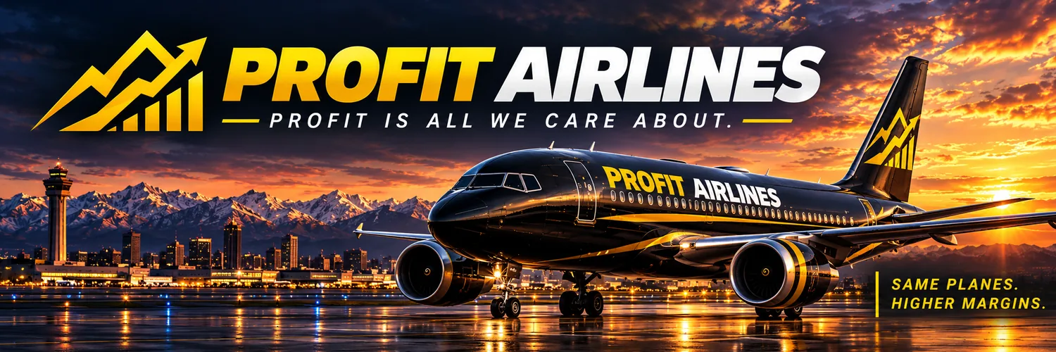 Profit Airlines black-and-gold airliner at a sunset airport. Same planes, higher margins.